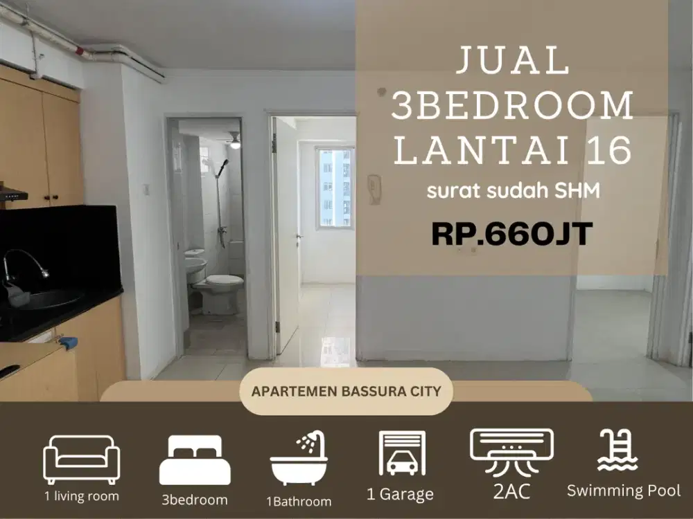 jual murah 3kamar unfurnished+kitchen SHM apartemen bassura city