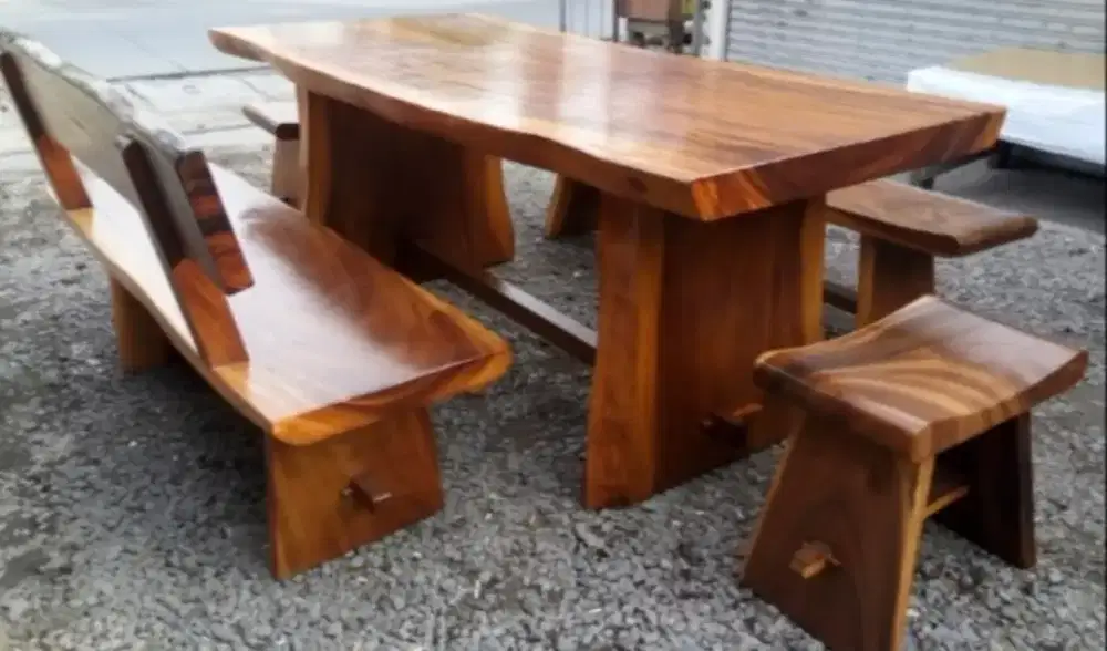 Set Meja makan alami kayu utuh antik unik