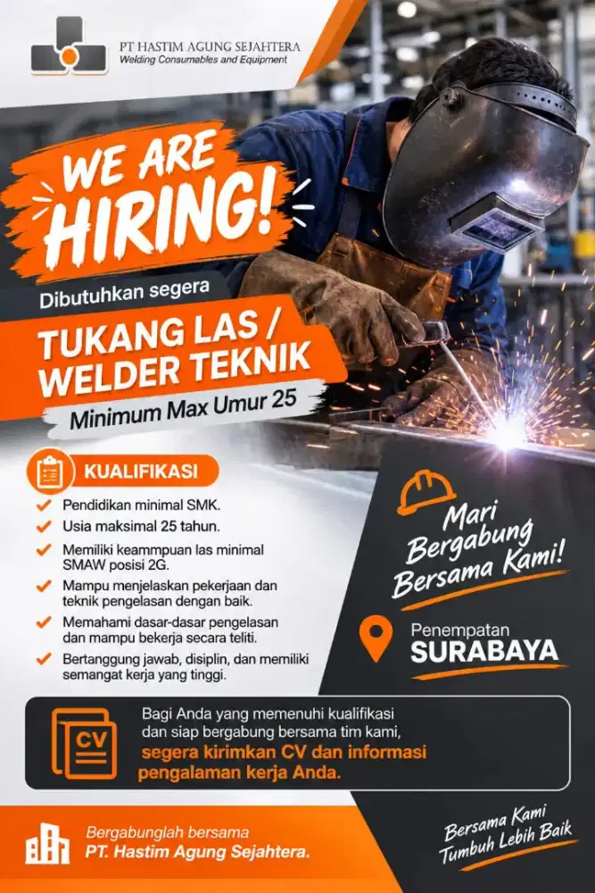 Dibutuhkan Tenaga Las Tukang Las SMAW 2G minim umur max 25 thn