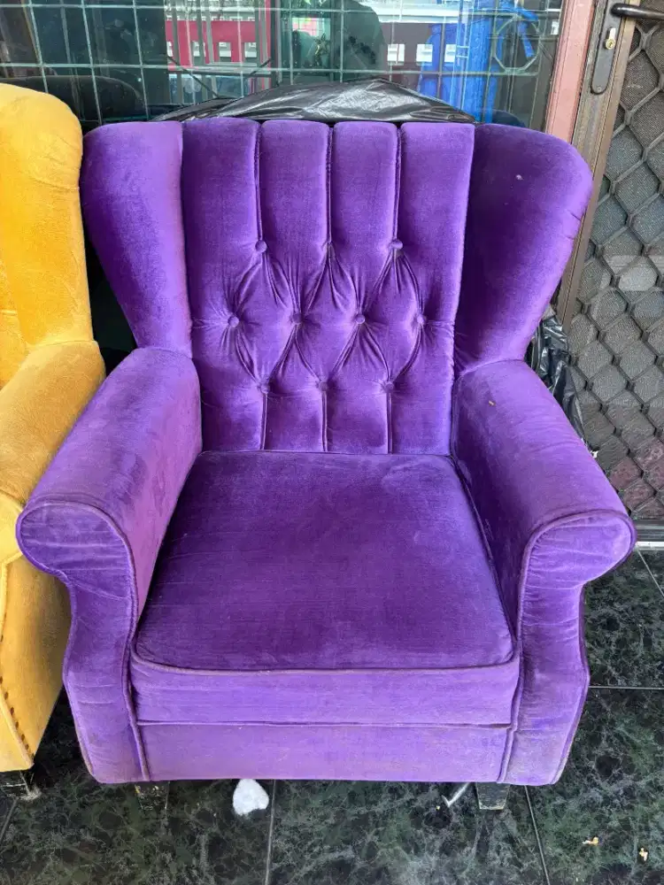 Paket 2 Sofa Single Wingchair Beludru Kancing Klasik Kuning Ungu Murah