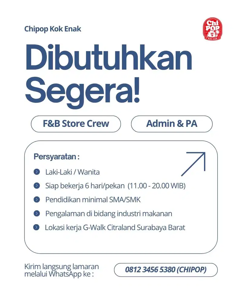 Lowongan Kerja F&B Store Crew – GWalk Citraland Surabaya