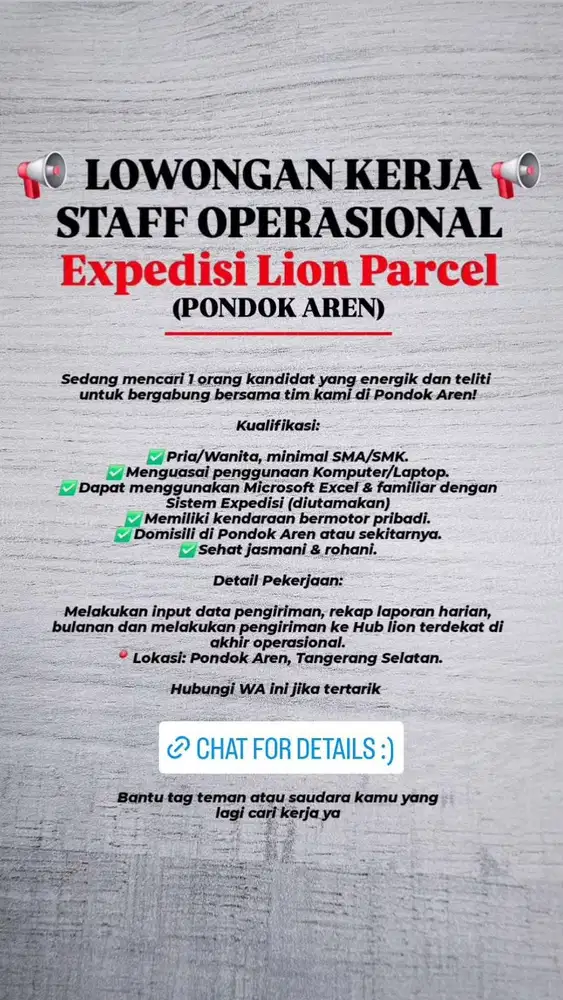 LOWONGAN KERJA JAGA KIOS LION PARCEL - PONDOK AREN TANGSEL