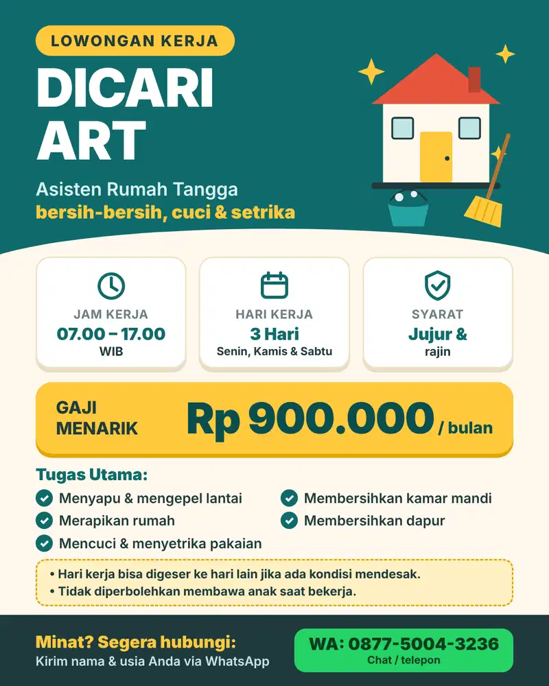 Dicari ART, Kerja Cuma 3 Hari Seminggu!