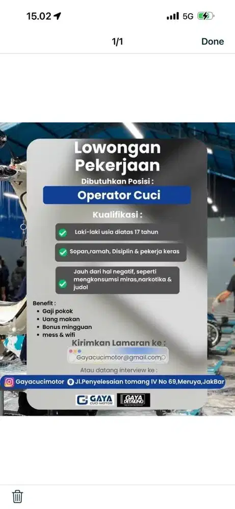 Di cari tenaga cuci motor, operator cuci motor