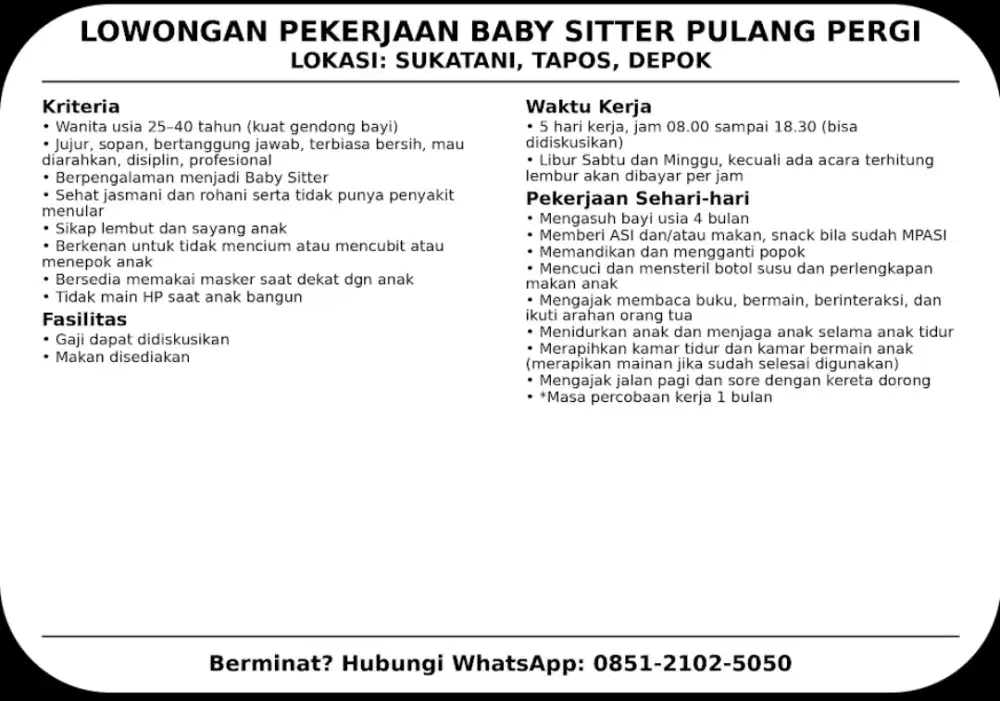 Lowongan babysitter pulang pergi depok