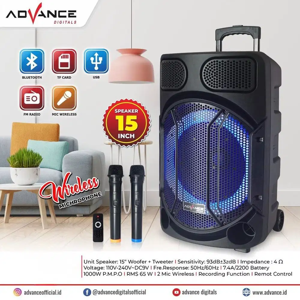 New Professional Speaker Portable ADVANCE XTRABASS JUMBO 15inchi+2Mic