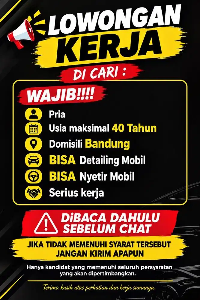 Dicari BASIC DETAILING DAN NYETIR MOBIL