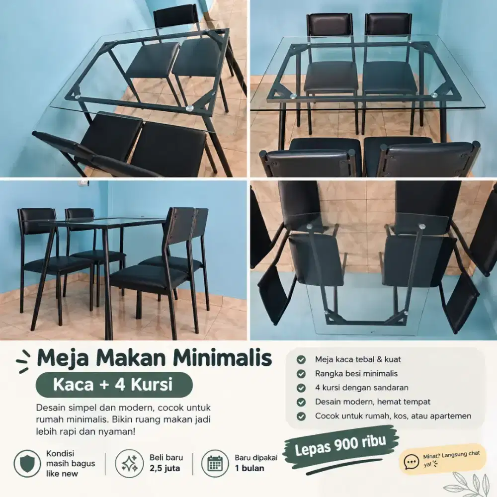Meja makan kaca 4 kursi minimalis