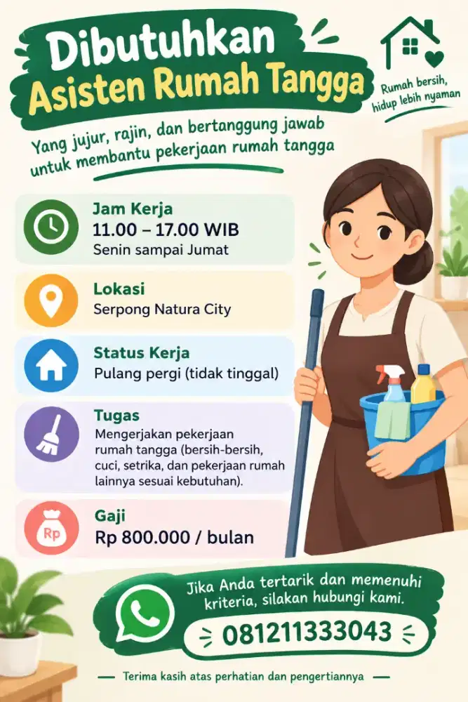 Dicari ART - Asisten Rumah Tangga