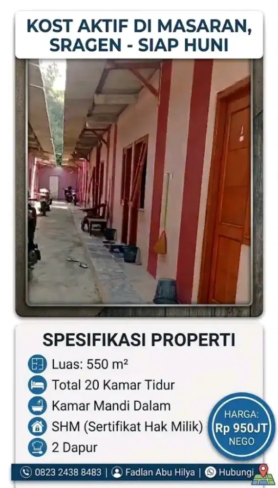 Dijual Kost Baru Aktif Luas 550m 20 Kamar Masaran Sragen