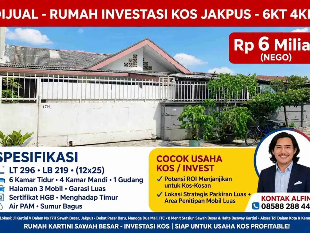 Dijual Rumah Kartini Sawah Besar 296/219 6KT 4KM - Cocok Kos Jakpus