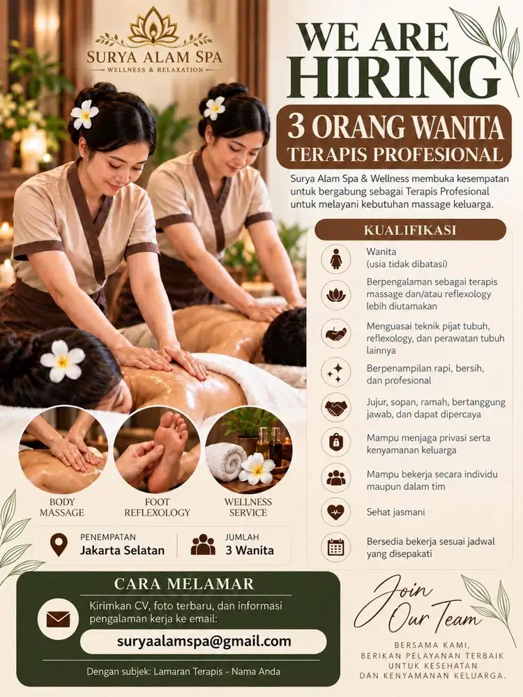 DICARI TERAPIS WANITA PROFESIONAL
