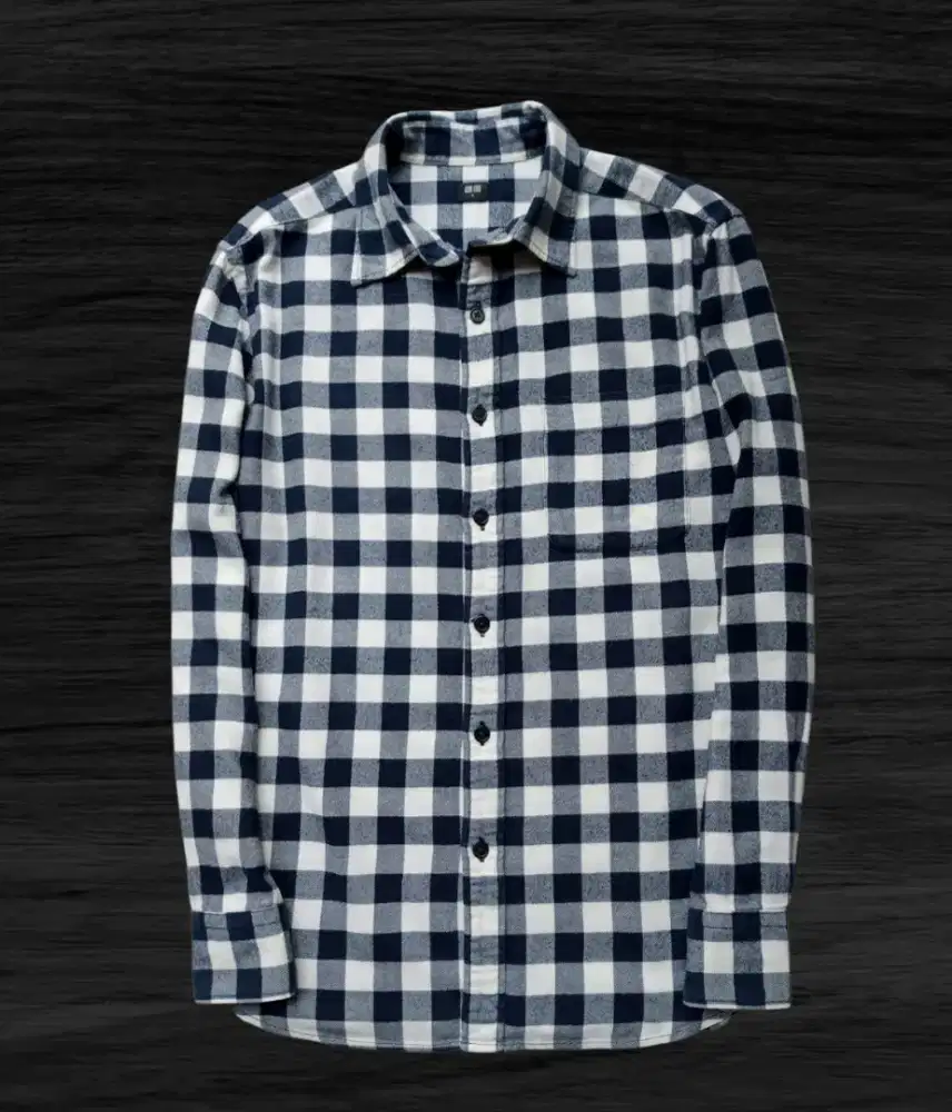 KEMEJA PANJANG FLANEL KOTAK HITAM PUTIH , SIZE : M (LD104-106, P73)