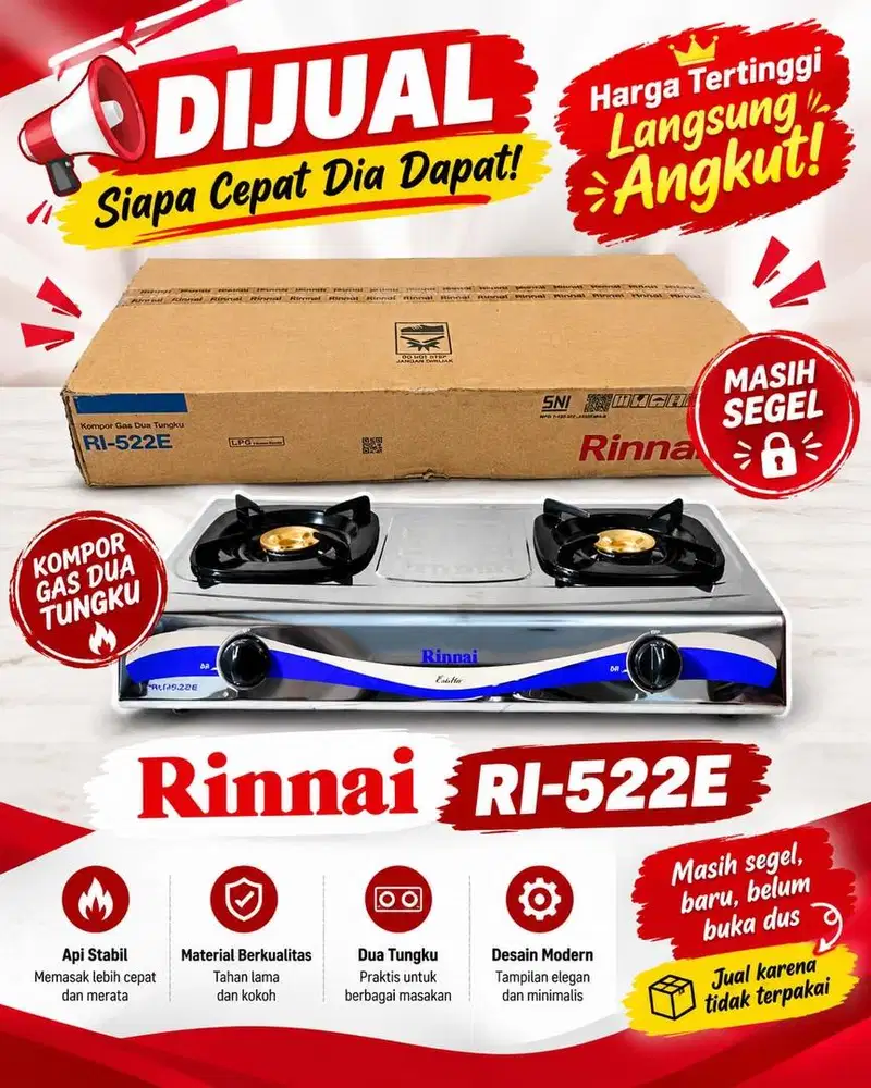 Kompor Gas Rinai RI-522E Segel Baru