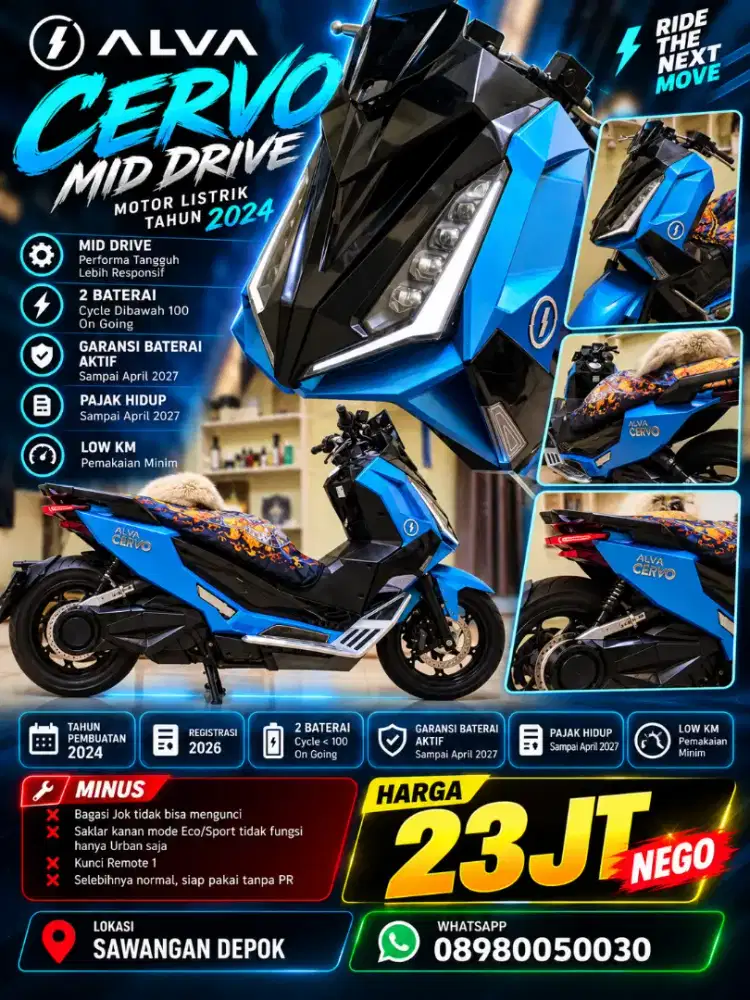 Motor Listrik Molis Alva Cervo 2024 Plat F 2 Baterai Low KM Murmer