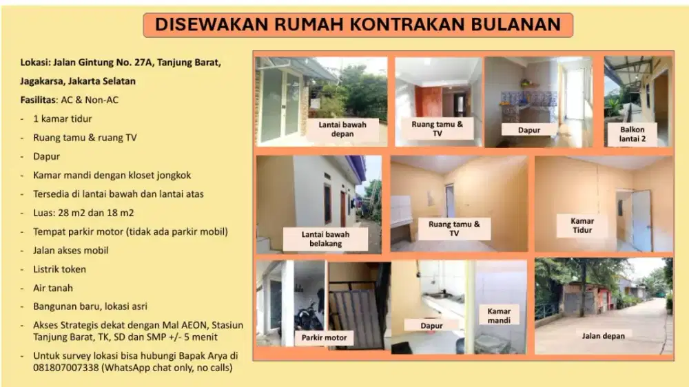 Disewakan Rumah Kontrakan Bulanan Tempat Strategis Akses Mobil