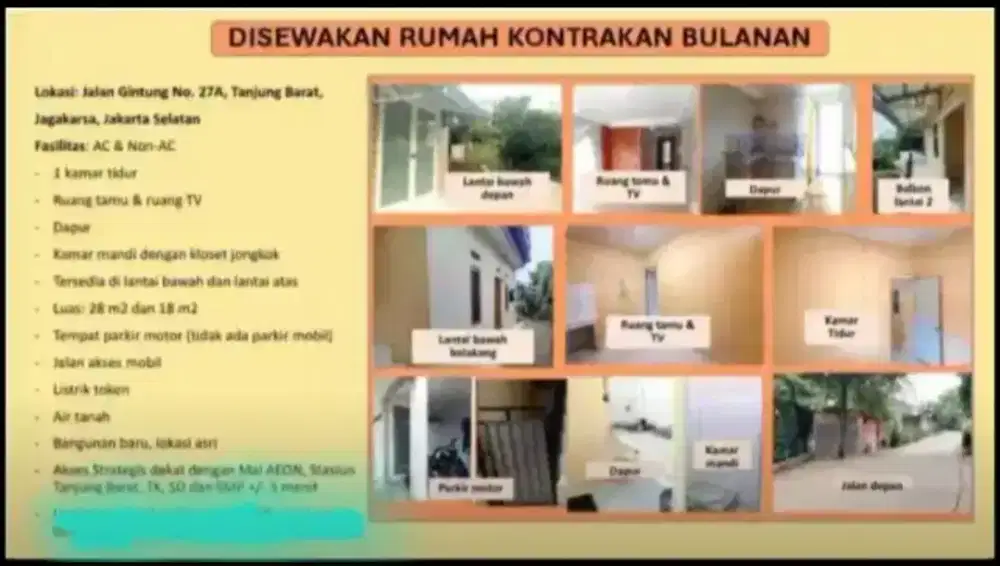 Disewakan Rumah Kontrakan Bulanan Tanjung Barat, Strategis Akses Mobil