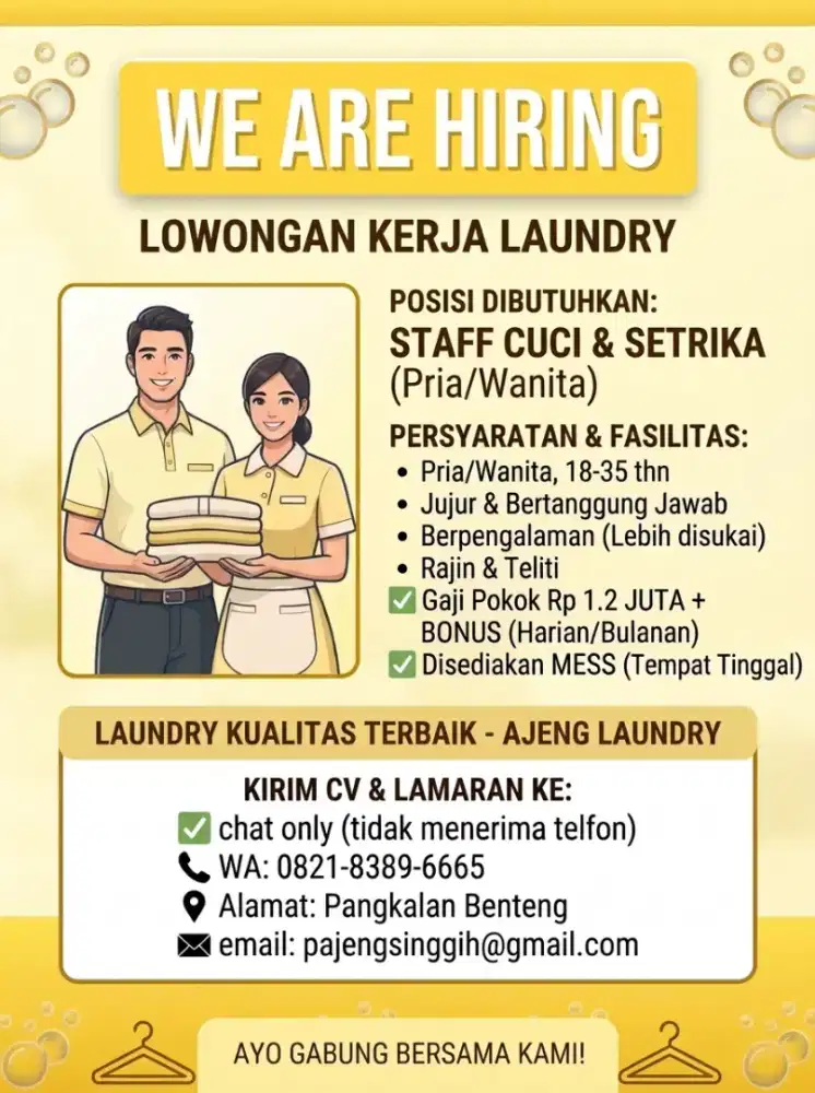 Di cari karyawan laundry yang di luar kota ada mess