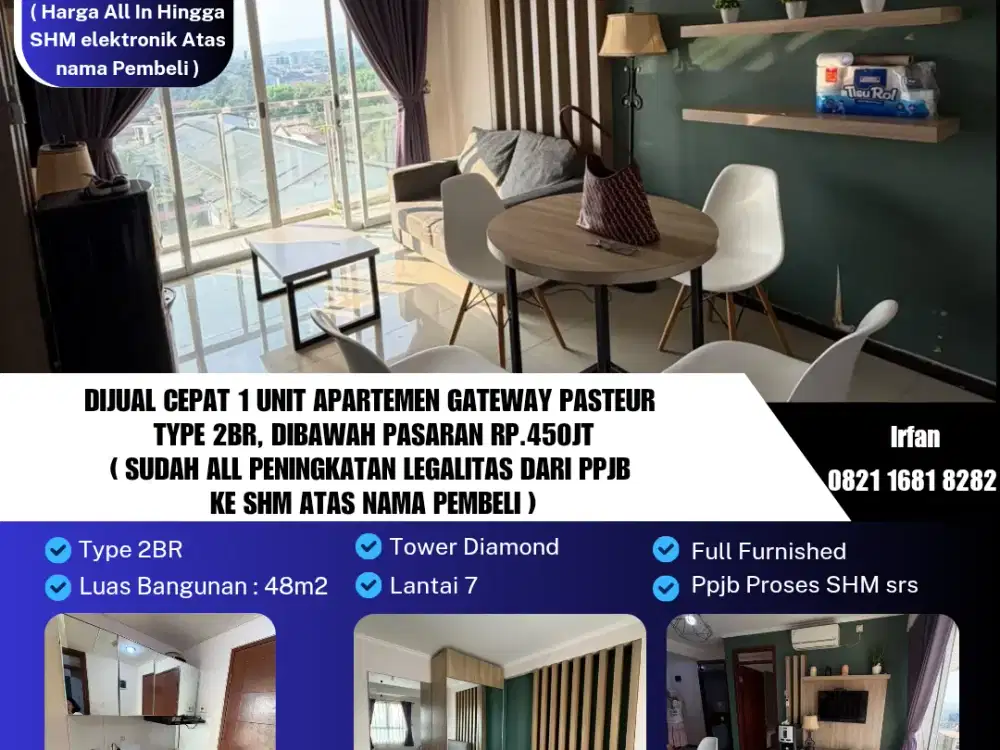 Dijual Cepat 1 Unit Apartemen Gateway Pasteur Type 2BR, dibawah Harga Pasaran
( Sudah All Peningkatan legalitas dari Ppjb
 Ke SHM Atas Nama Pembeli )