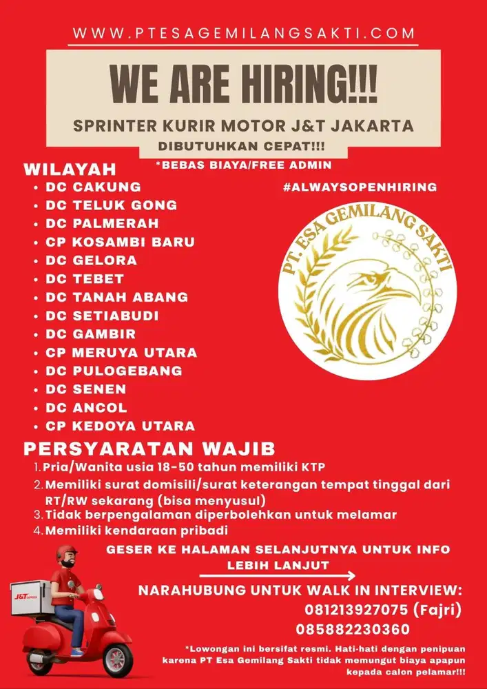 Sprinter Kurir J&T All Area Administrasi Kota Jakarta