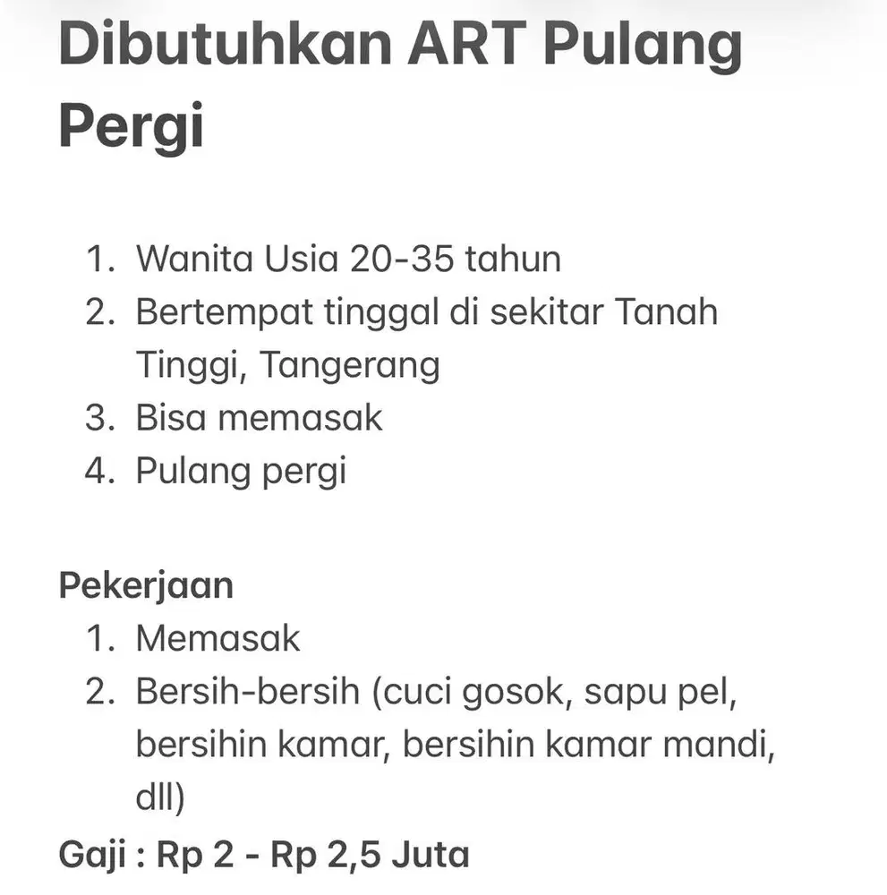 Dibutuhkan ART Pulang Pergi