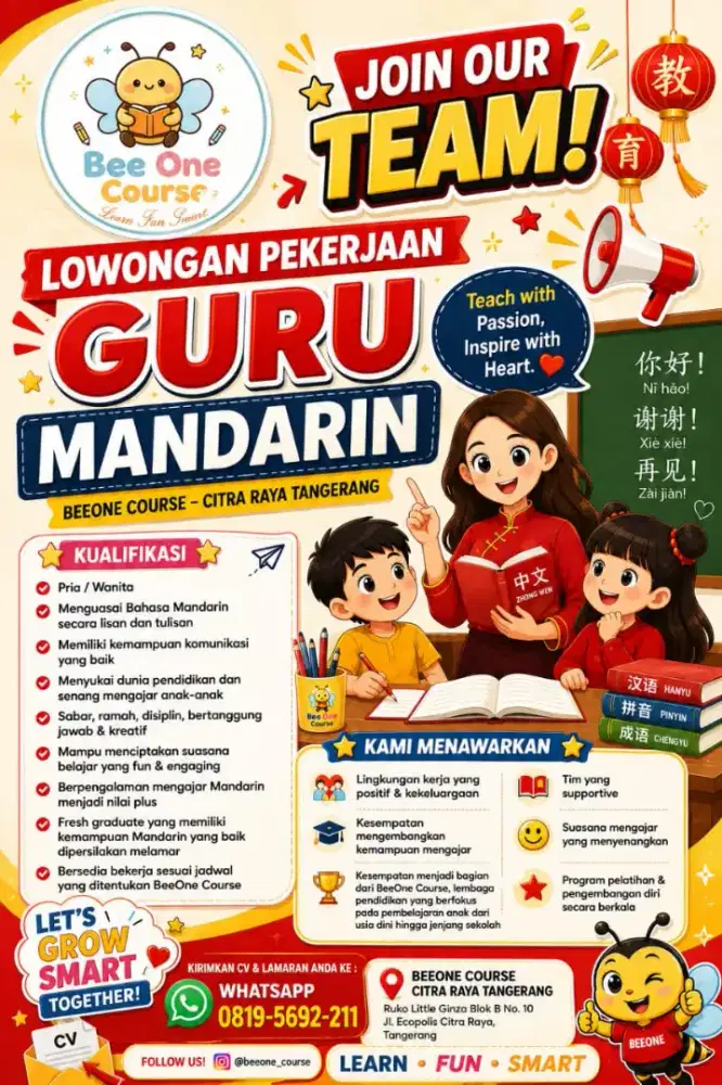Lowongan pekerjaan Guru Mandarin TK-SMA (full time) untuk bimbel
