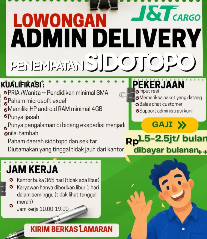 Loker admin delivery pria wanita JNT cargo wilayah surabaya utara