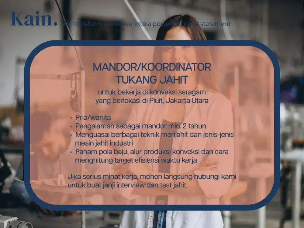Lowongan Kerja Mandor/Koordinator Tukang Jahit
