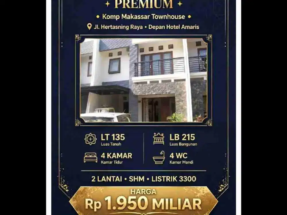 Komp. Makassar Townhouse
Jl Hertasning Raya , dpn Hotel Amaris
7X15
Jumlah kamar : 4
Jumlah WC : 4
2 Lantai - SHM
Ukuran tanah : 135 m2
Ukuran bangunan : 215
Listrik : 3300
Lama Bangunan 10 thn
Rp. 1.950 Mlyr
