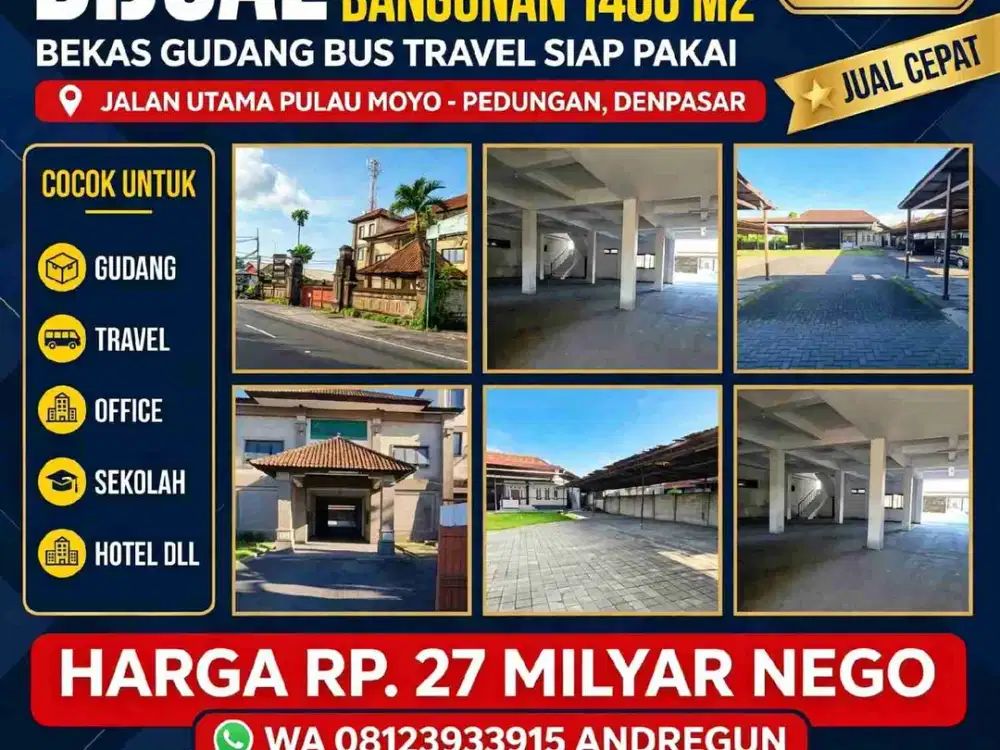 jual gedung 3 lantai 24 are , parkir luas ex travel di pulau moyo Denpasar