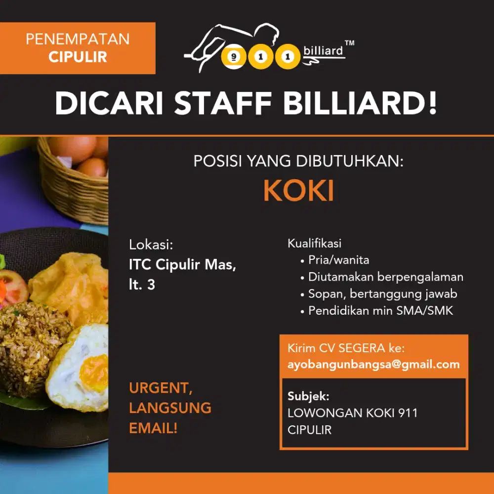 Lowongan Koki 911 Billiard Cipulir