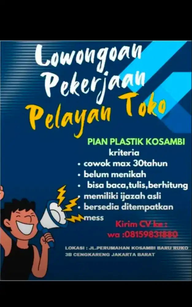 Pelayan toko atk/plastik pria maksimal 30thn