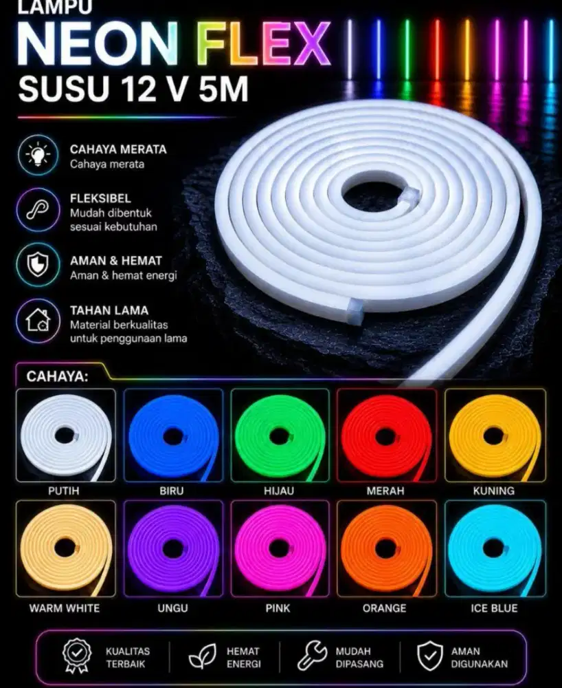 Lampu LED Neon Flex 5 Meter 12.V