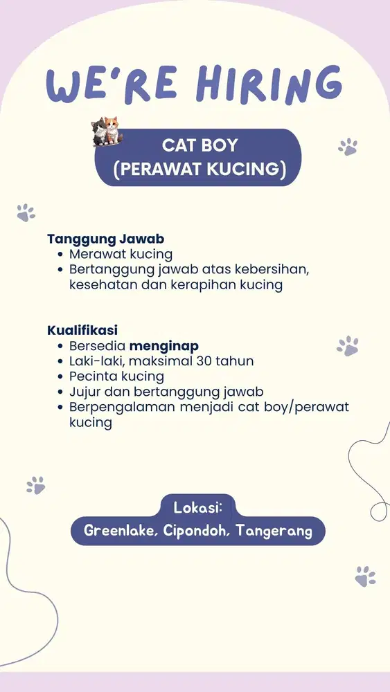 Lowongan Kerja Cat Boy (Perawat Kucing)