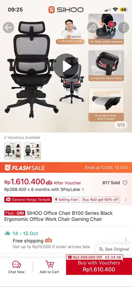 Kursi Kantor Ergonomis SIHOO B100 Hitam Belum Dipakai