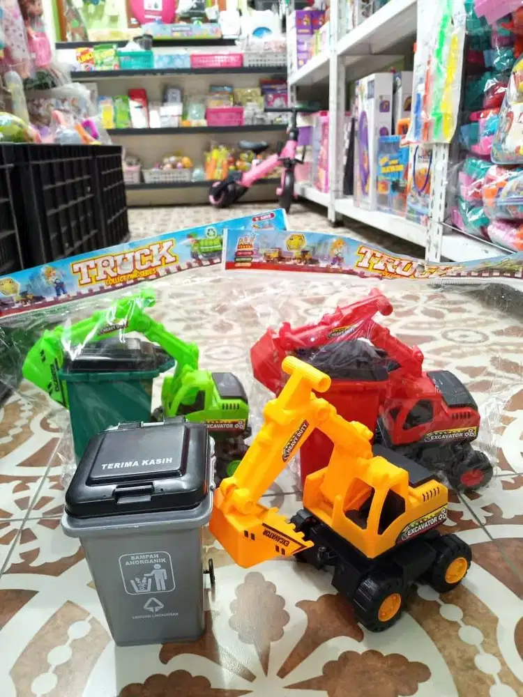 mainan anak truk excavator set tempat sampah