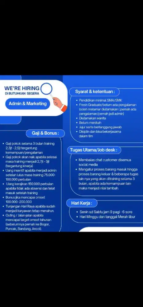 Dibutuhkan Admin Marketing & Operasional