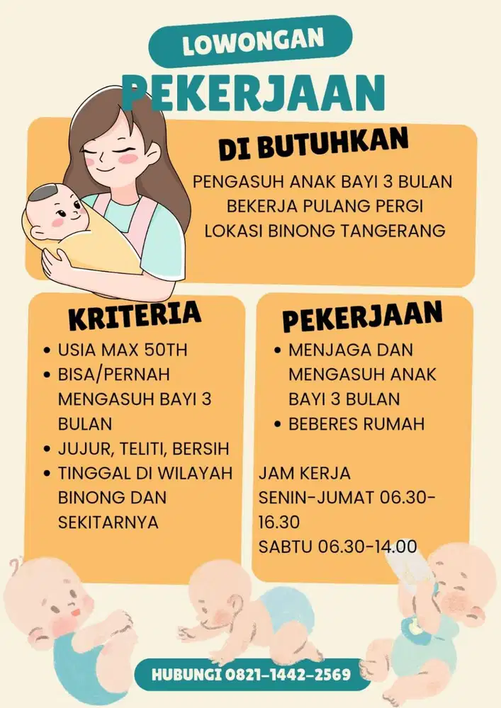 Dicari ART yang Bisa Jaga bayi usia 18 th sd 45 DI curug Tangerang