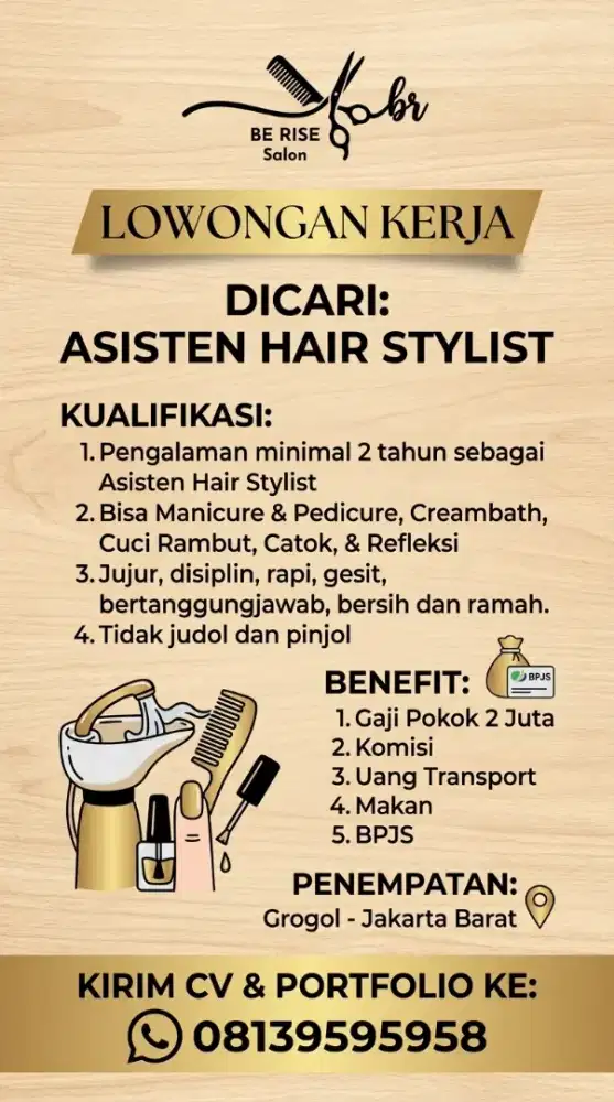 Dicari Asisten Hair Stylist atau Terapis Grogol-Jakbar