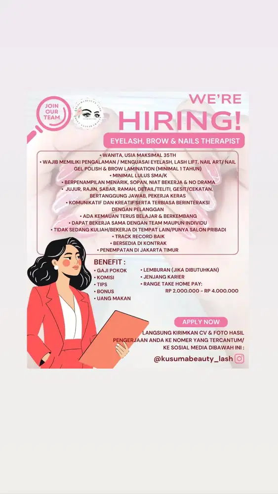 URGENT DICARI BEAUTICIAN / THERAPIST EYELASH, NAIL ART BERPENGALAMAN