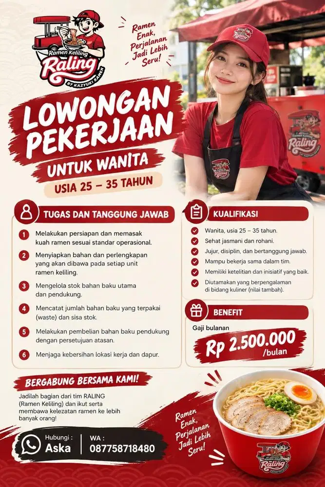 Lowongan Kerja (Peparation/Juru Masak) Ramen Keliling