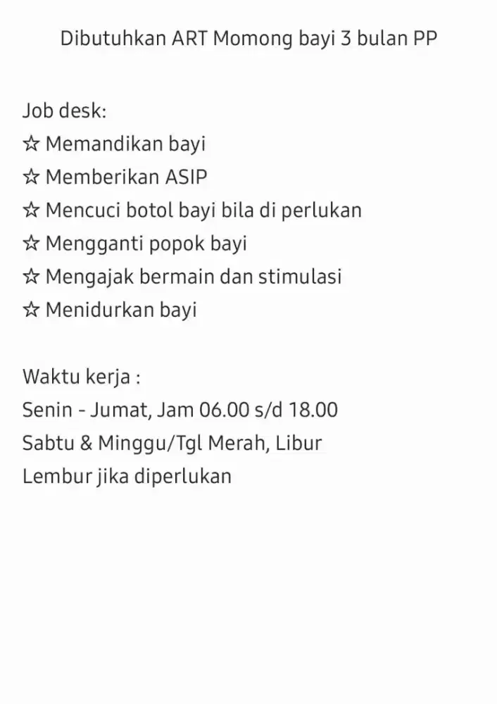 Dibutuhkan ART Momong Bayi (PP)