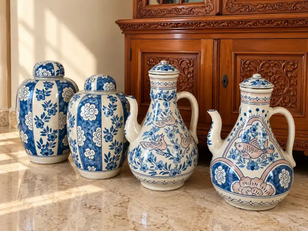 JUAL CEPAT 4 Guci Keramik Biru Putih Klasik – Kondisi Mulus