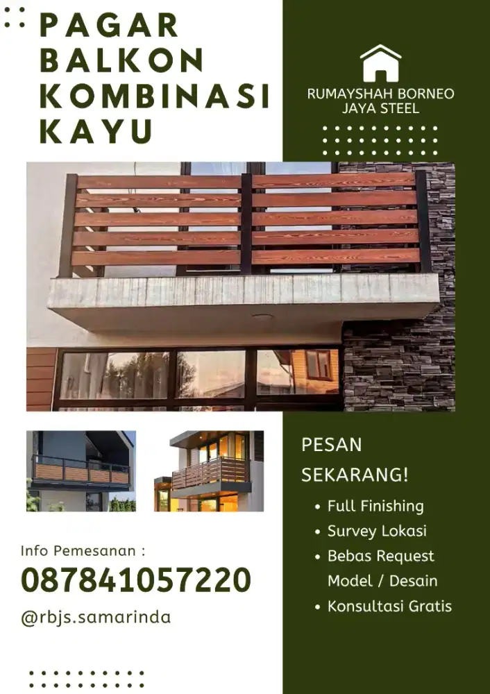 Pagar Balkon Kombinasi Kayu dan Besi Minimalis Custom