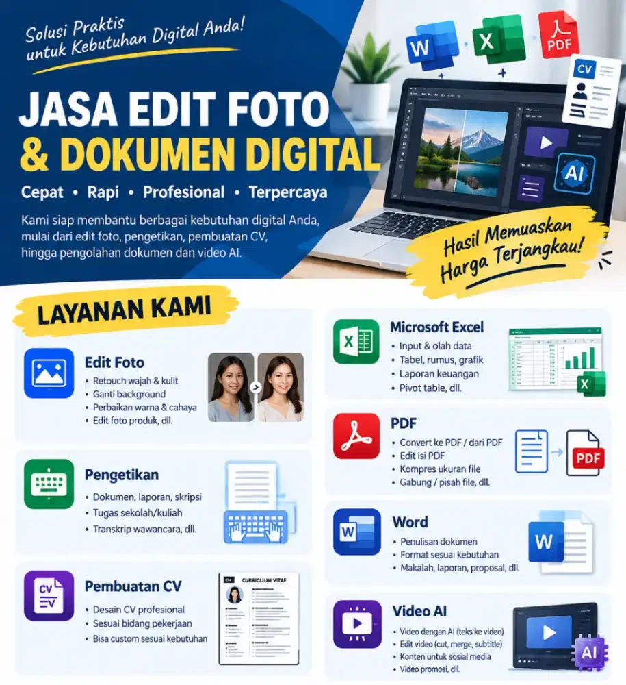 Jasa edit foto, Ai, video, excel, word, pdf, dll