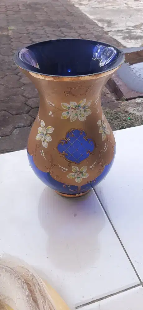 Jual kristal kobalt biru aksen emas & lukisan enamel Bohemia Ceko
