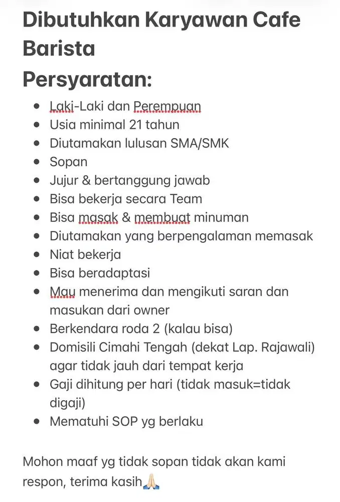 Dibutuhkan Karyawan Barista Cafe