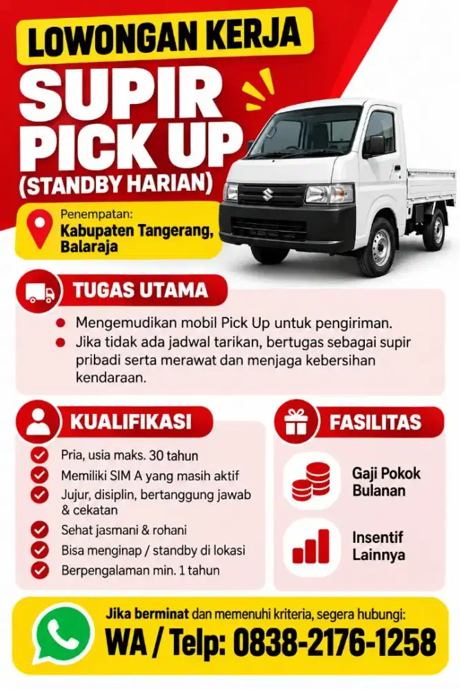 LOWONGAN KERJA SUPIR MOBIL PICKUP MERANGKAP SUPIR PRIBADI