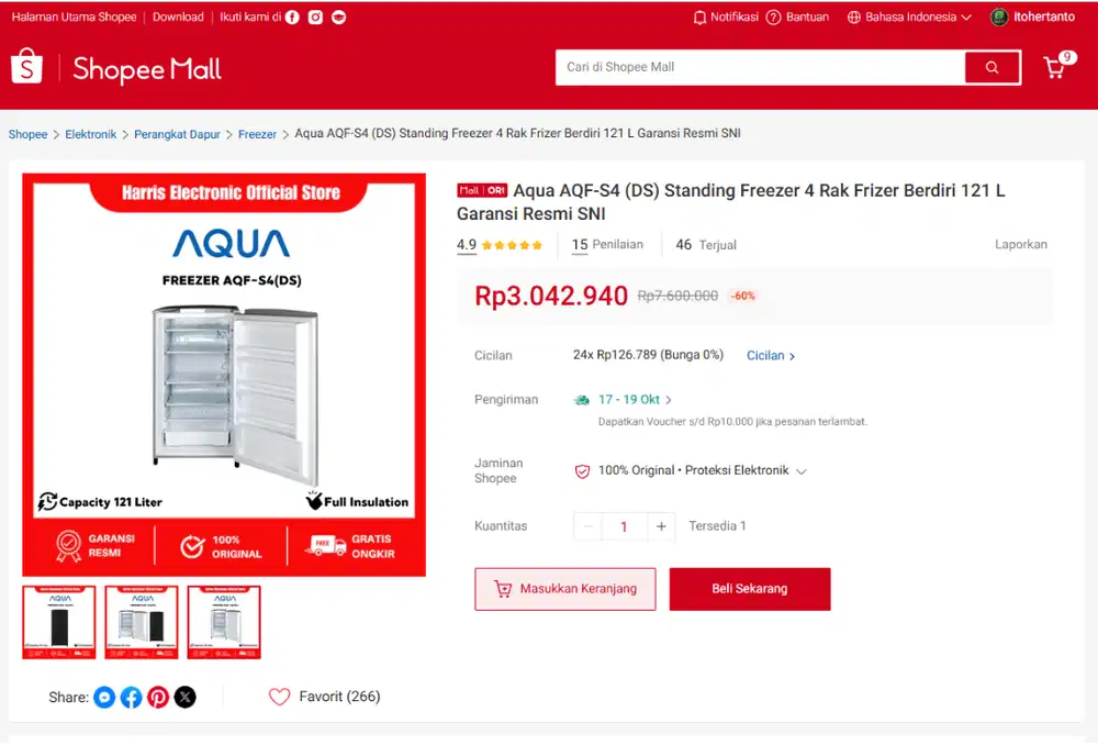 Aqua AQF-S4 (DS) Standing Freezer 4 Rak Frizer Berdiri 121 L