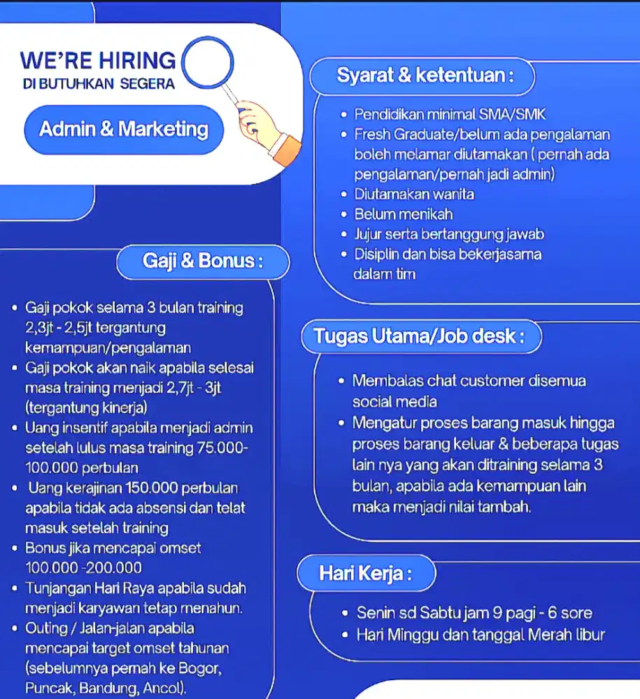 Dibutuhkan Admin Marketing & Operasional